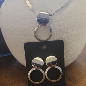 Silver Circular Pendant Necklace and Earring Set - Silver Tone Women Jewelry